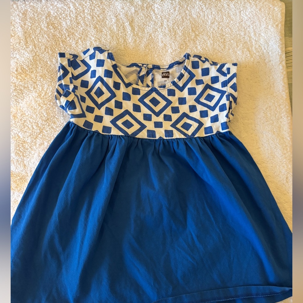 Tea Collection Blue and White Geometric Kids Dress